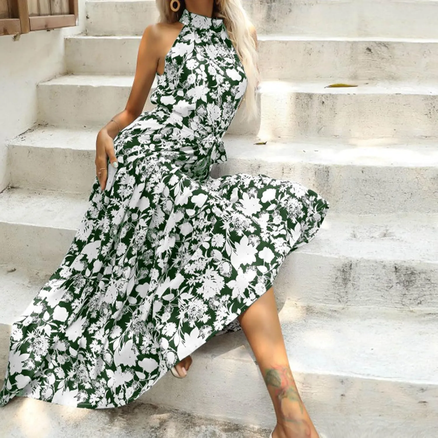 Lpmadey Women Summer Swing A Line Dresses Sleeveless Casual Floral Print Long Boho Flowy Sundress Beach Party Maxi Dress