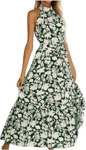 Lpmadey Women Summer Swing A Line Dresses Sleeveless Casual Floral Print Long Boho Flowy Sundress Beach Party Maxi Dress