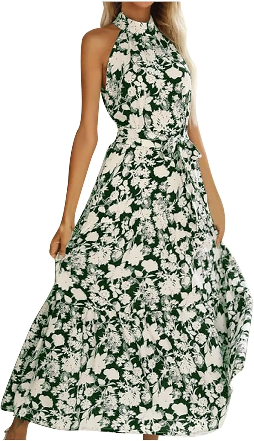 Lpmadey Women Summer Swing A Line Dresses Sleeveless Casual Floral Print Long Boho Flowy Sundress Beach Party Maxi Dress