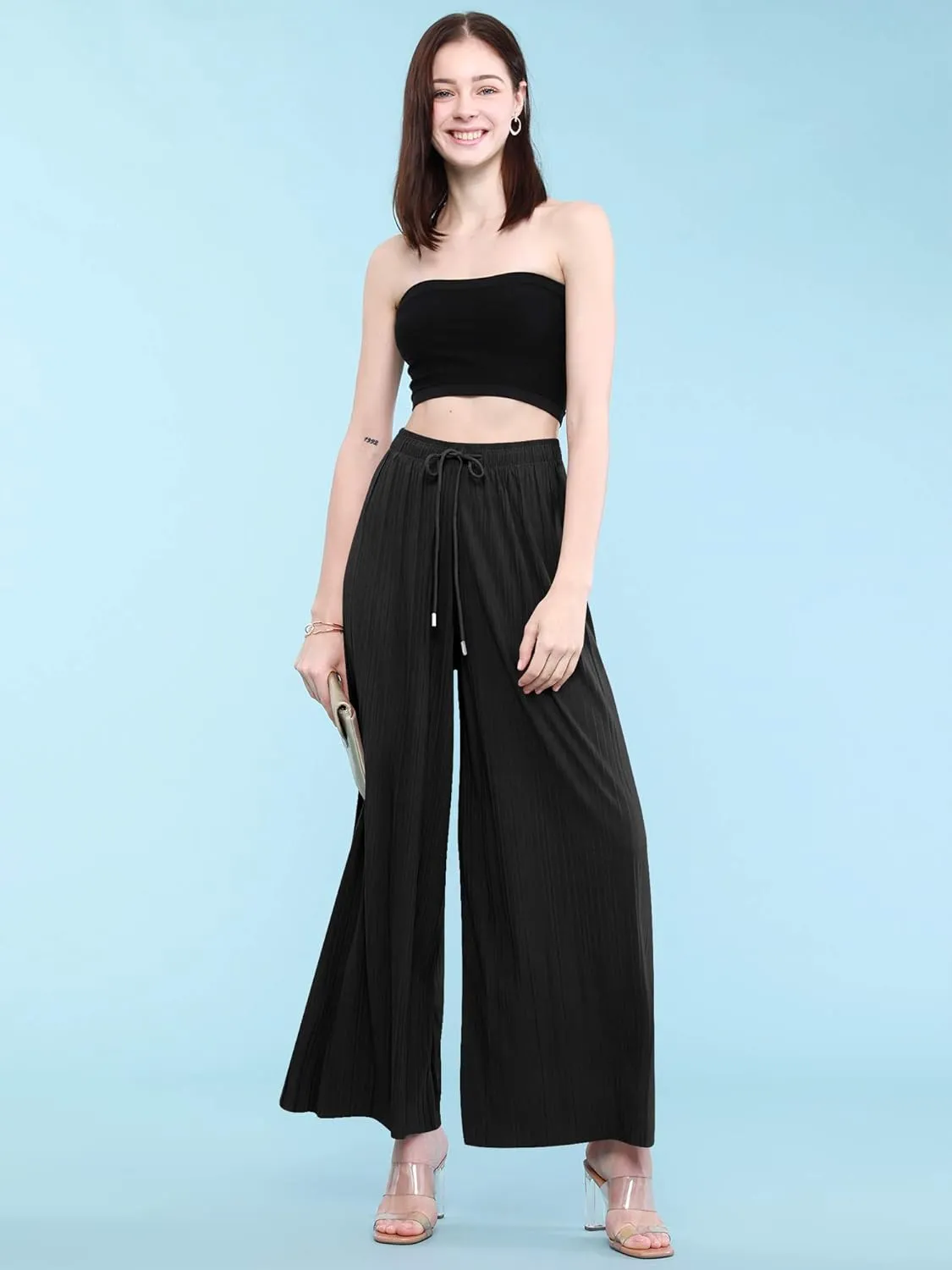 Made By Johnny Women's Pleated Wide Leg Palazzo Pants with Drawstring