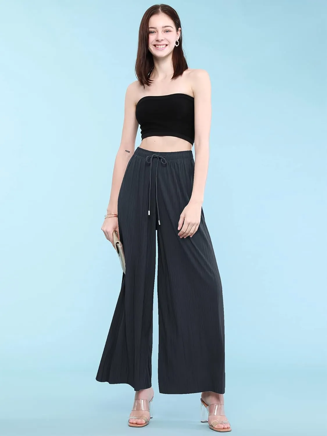 Made By Johnny Women's Pleated Wide Leg Palazzo Pants with Drawstring