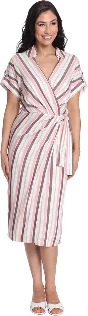 Maggy London Women's Striped Faux Wrap Collar V-Neck Midi Dress