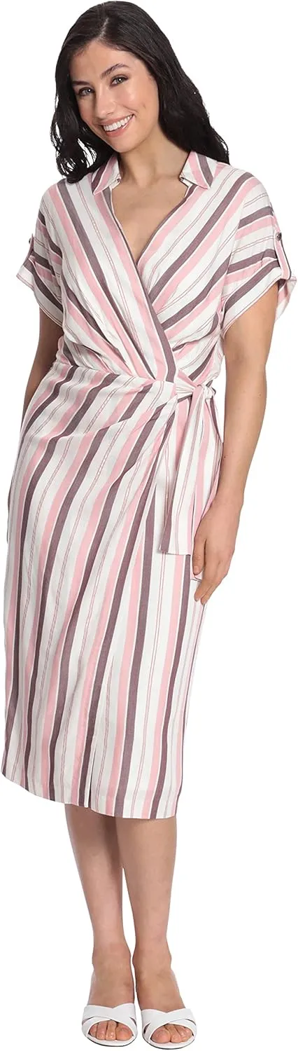 Maggy London Women's Striped Faux Wrap Collar V-Neck Midi Dress