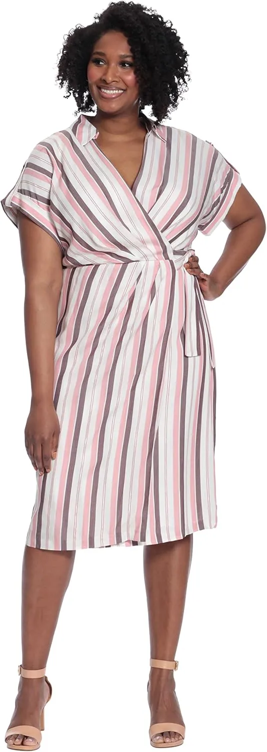 Maggy London Women's Striped Faux Wrap Collar V-Neck Midi Dress