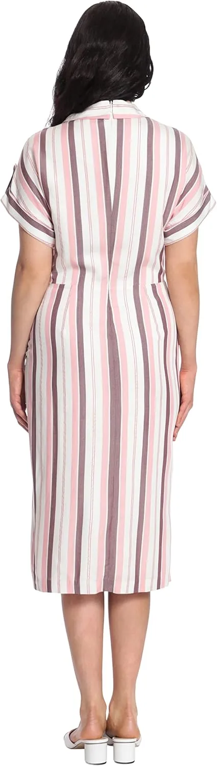 Maggy London Women's Striped Faux Wrap Collar V-Neck Midi Dress