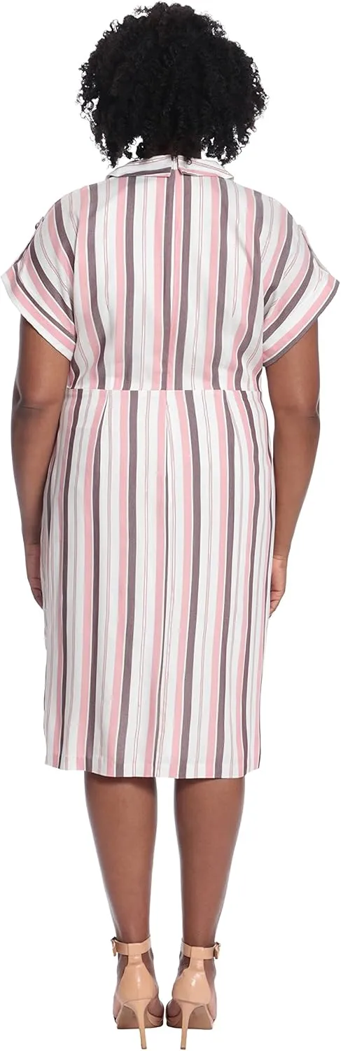 Maggy London Women's Striped Faux Wrap Collar V-Neck Midi Dress