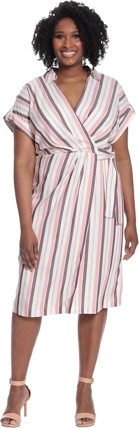 Maggy London Women's Striped Faux Wrap Collar V-Neck Midi Dress