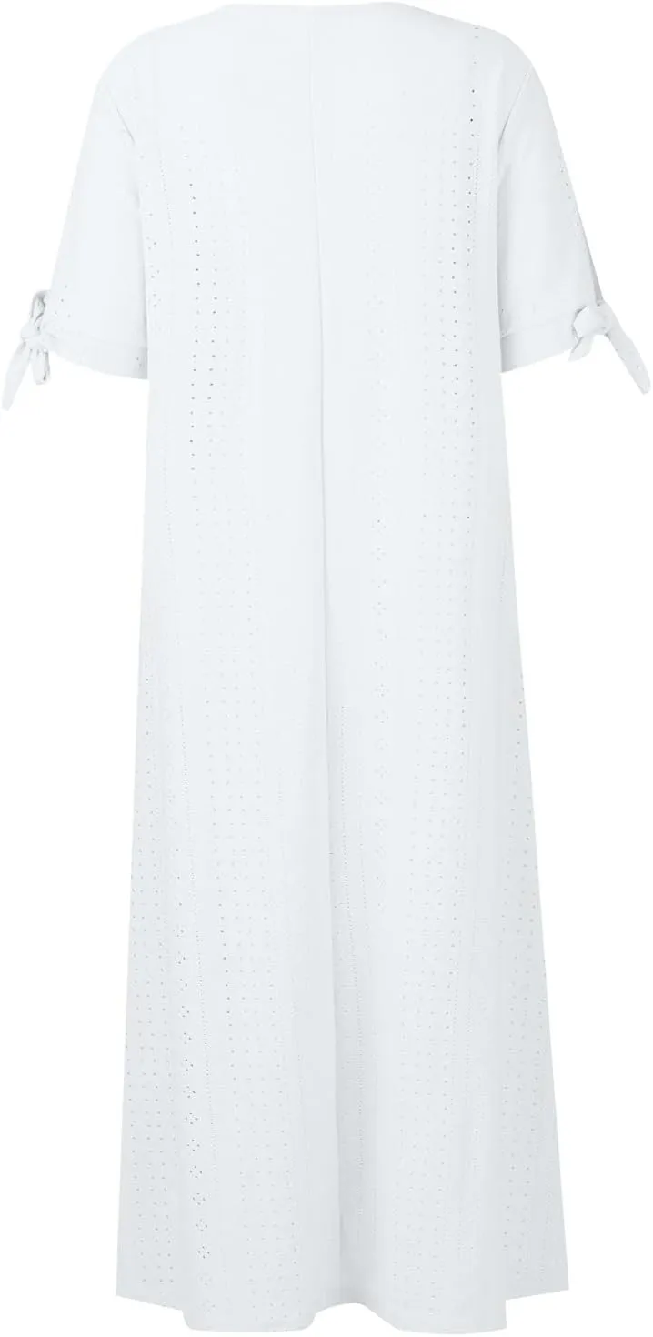 Maxi Dresses for Women 2025 Boho Short Sleeve Eyelet Tshirt Dress Casual Summer Beach Vacation Long Dresses