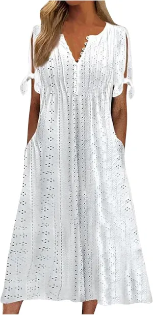 Maxi Dresses for Women 2025 Boho Short Sleeve Eyelet Tshirt Dress Casual Summer Beach Vacation Long Dresses