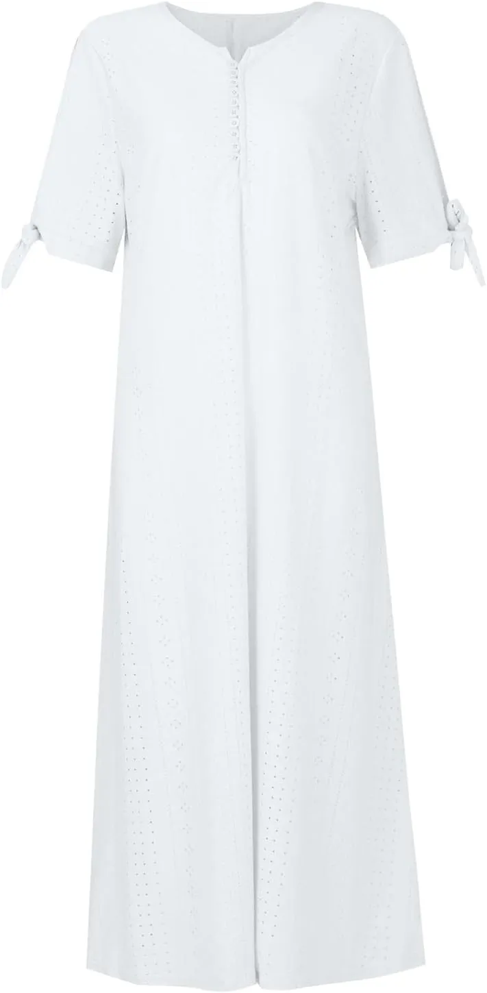 Maxi Dresses for Women 2025 Boho Short Sleeve Eyelet Tshirt Dress Casual Summer Beach Vacation Long Dresses