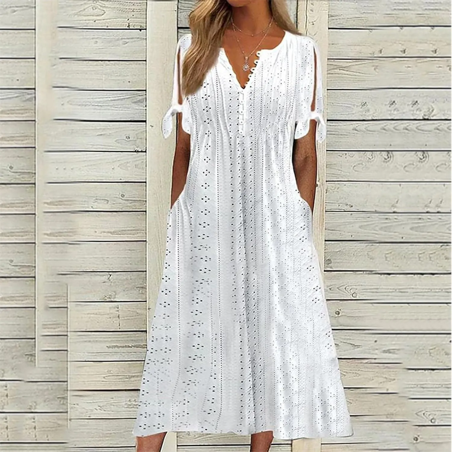Maxi Dresses for Women 2025 Boho Short Sleeve Eyelet Tshirt Dress Casual Summer Beach Vacation Long Dresses