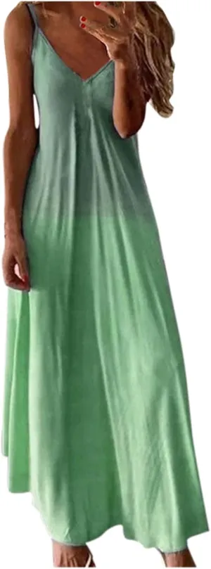 Maxi Dresses for Women 2025 Casual Strappy V Neck Sleeveless Summer Dresses Flowy Pleated Loose Beach Long Dress