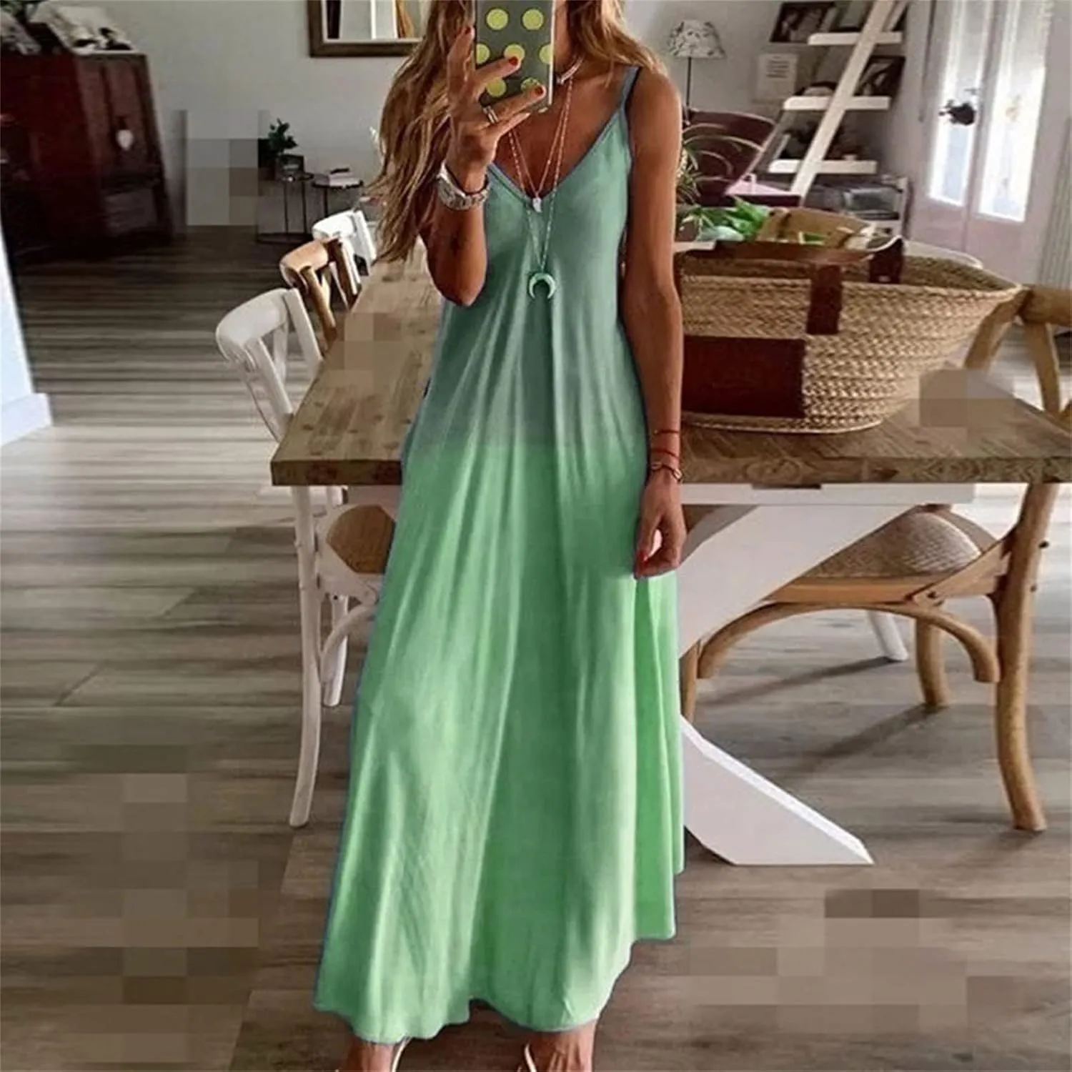 Maxi Dresses for Women 2025 Casual Strappy V Neck Sleeveless Summer Dresses Flowy Pleated Loose Beach Long Dress