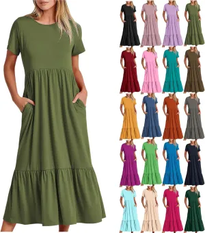 Maxi Dresses for Women 2025 Plus Size Short Sleeve Tiered Ruffle Dress Summer Causal Crewneck Tshirt Dress Pockets