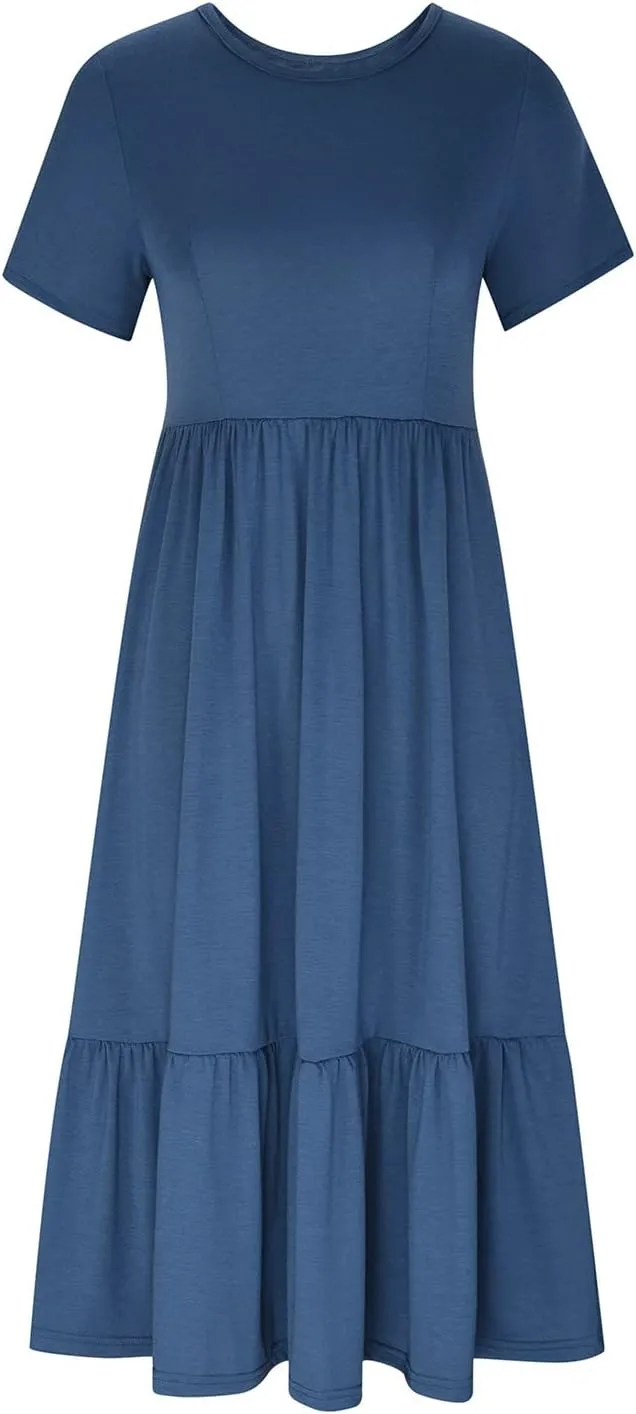 Maxi Dresses for Women 2025 Plus Size Short Sleeve Tiered Ruffle Dress Summer Causal Crewneck Tshirt Dress Pockets