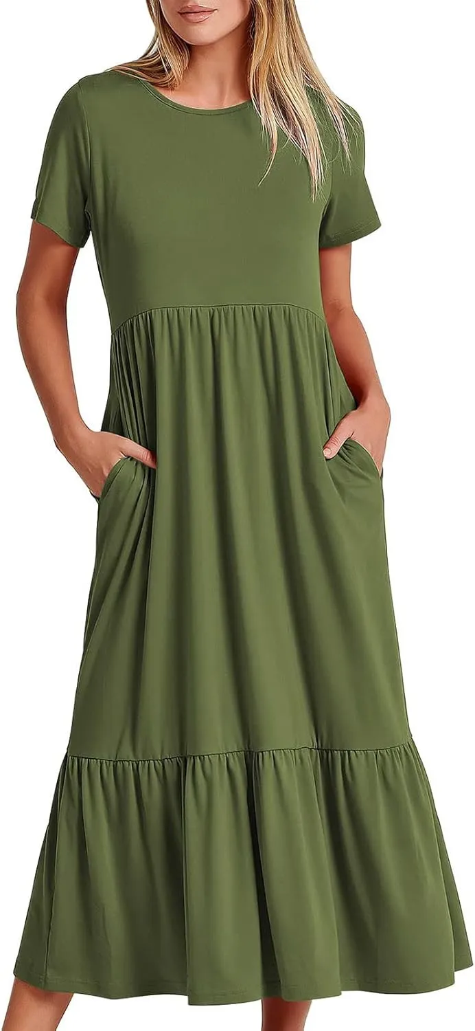 Maxi Dresses for Women 2025 Plus Size Short Sleeve Tiered Ruffle Dress Summer Causal Crewneck Tshirt Dress Pockets