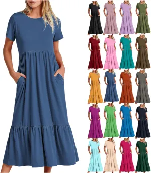 Maxi Dresses for Women 2025 Plus Size Short Sleeve Tiered Ruffle Dress Summer Causal Crewneck Tshirt Dress Pockets