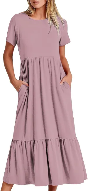 Maxi Dresses for Women 2025 Plus Size Short Sleeve Tiered Ruffle Dress Summer Causal Crewneck Tshirt Dress Pockets