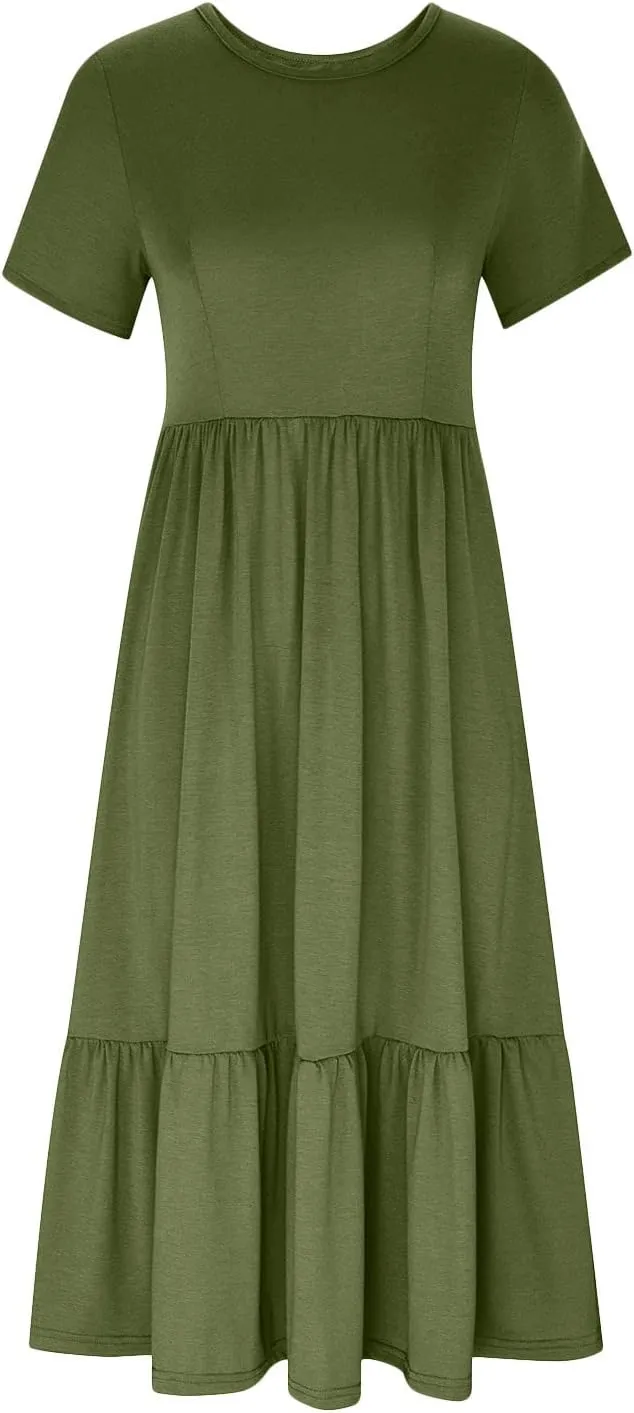 Maxi Dresses for Women 2025 Plus Size Short Sleeve Tiered Ruffle Dress Summer Causal Crewneck Tshirt Dress Pockets