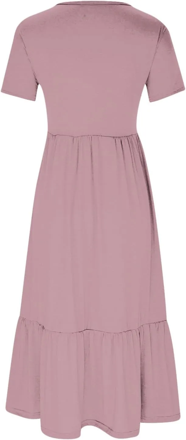 Maxi Dresses for Women 2025 Plus Size Short Sleeve Tiered Ruffle Dress Summer Causal Crewneck Tshirt Dress Pockets