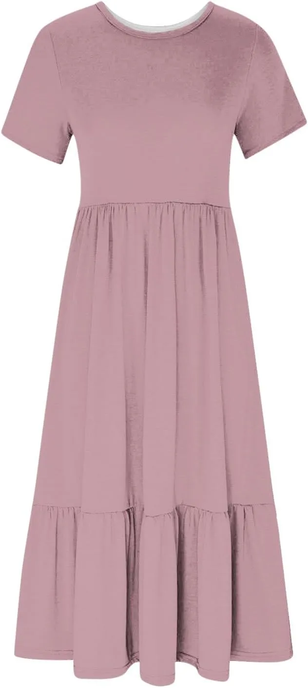 Maxi Dresses for Women 2025 Plus Size Short Sleeve Tiered Ruffle Dress Summer Causal Crewneck Tshirt Dress Pockets