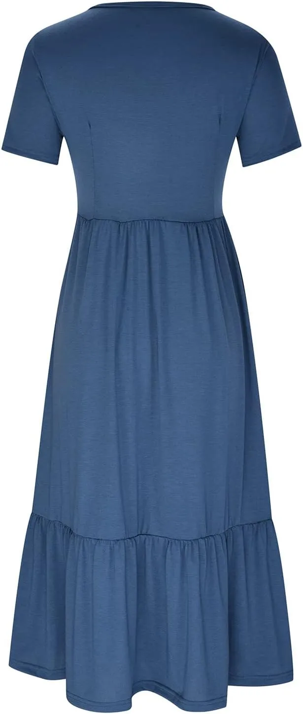 Maxi Dresses for Women 2025 Plus Size Short Sleeve Tiered Ruffle Dress Summer Causal Crewneck Tshirt Dress Pockets