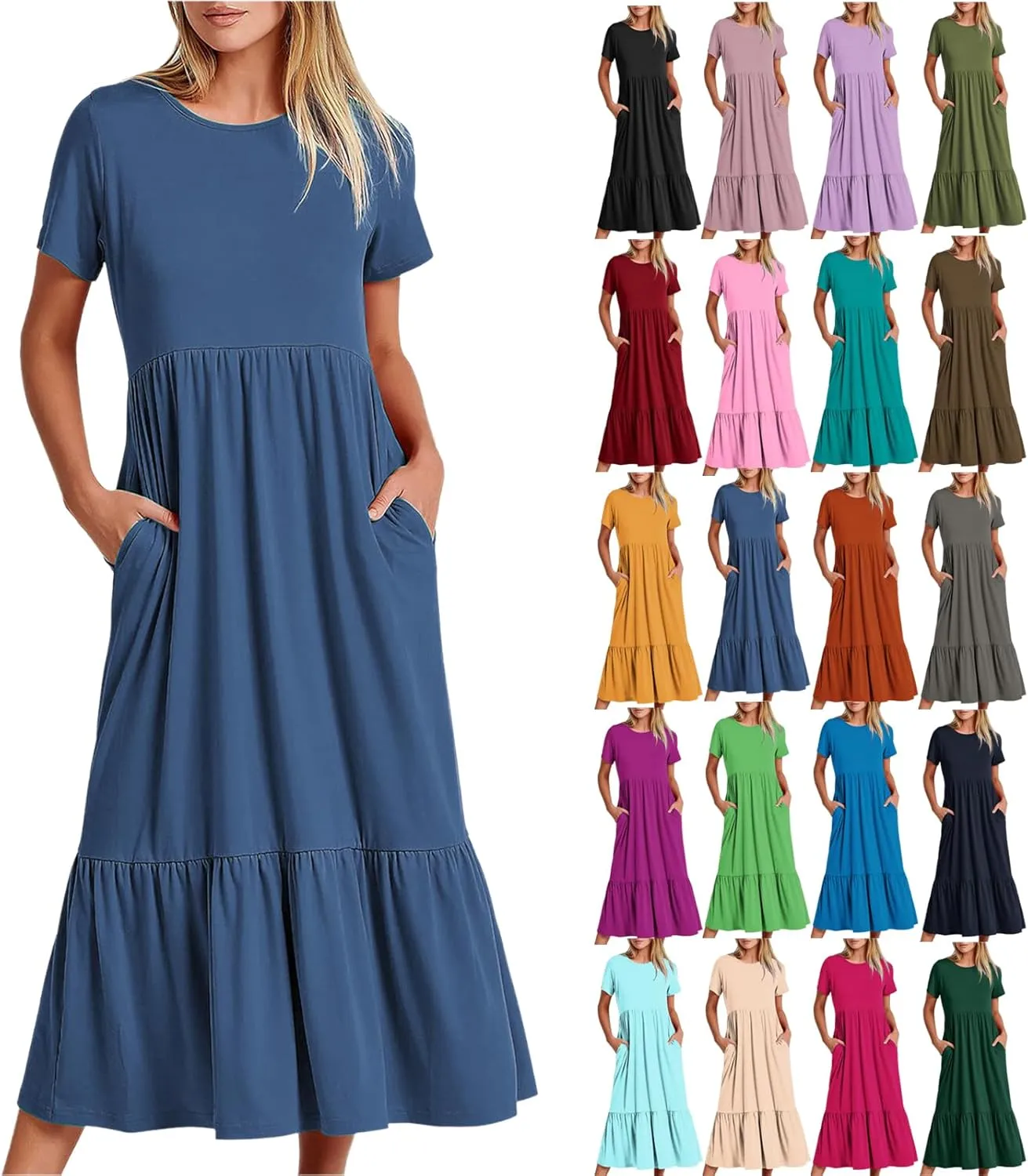 Maxi Dresses for Women 2025 Plus Size Short Sleeve Tiered Ruffle Dress Summer Causal Crewneck Tshirt Dress Pockets