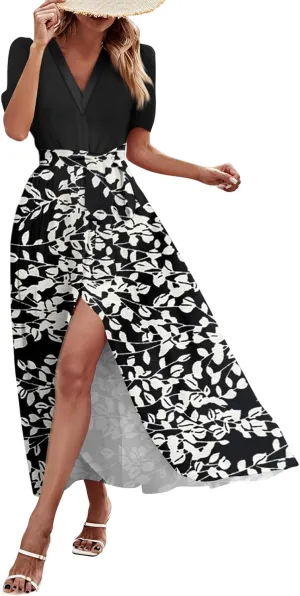 Maxi Dresses for Women 2025 Summer V Neck Short Sleeve T Shirt Dress Casual Flowy High Split A Line Beach Sundress