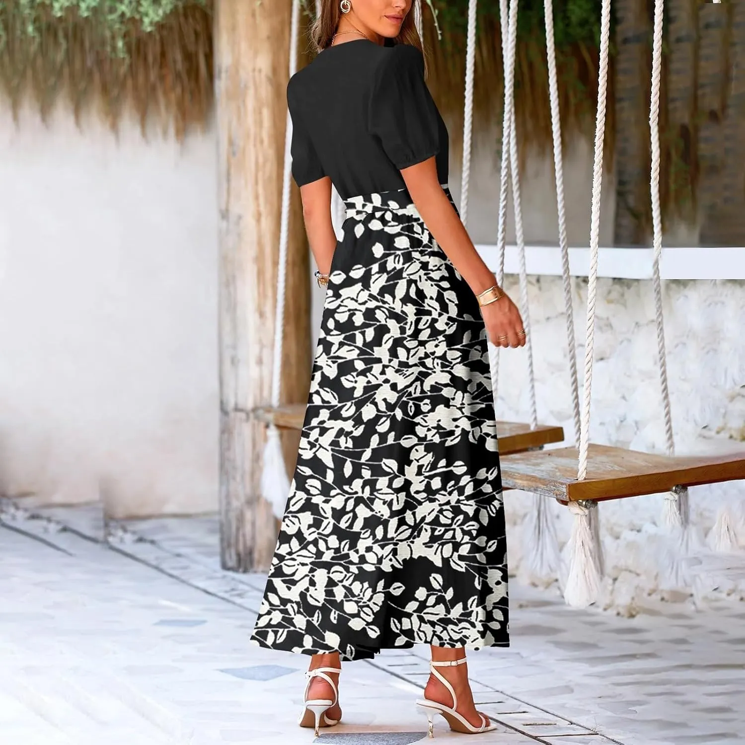 Maxi Dresses for Women 2025 Summer V Neck Short Sleeve T Shirt Dress Casual Flowy High Split A Line Beach Sundress