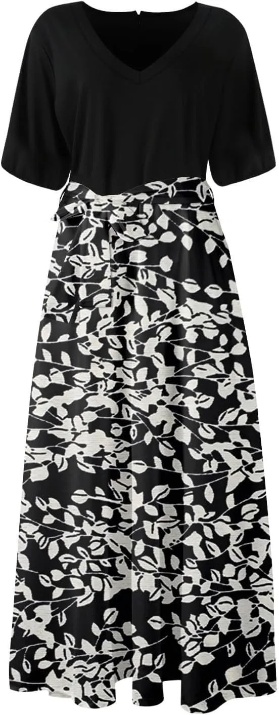 Maxi Dresses for Women 2025 Summer V Neck Short Sleeve T Shirt Dress Casual Flowy High Split A Line Beach Sundress