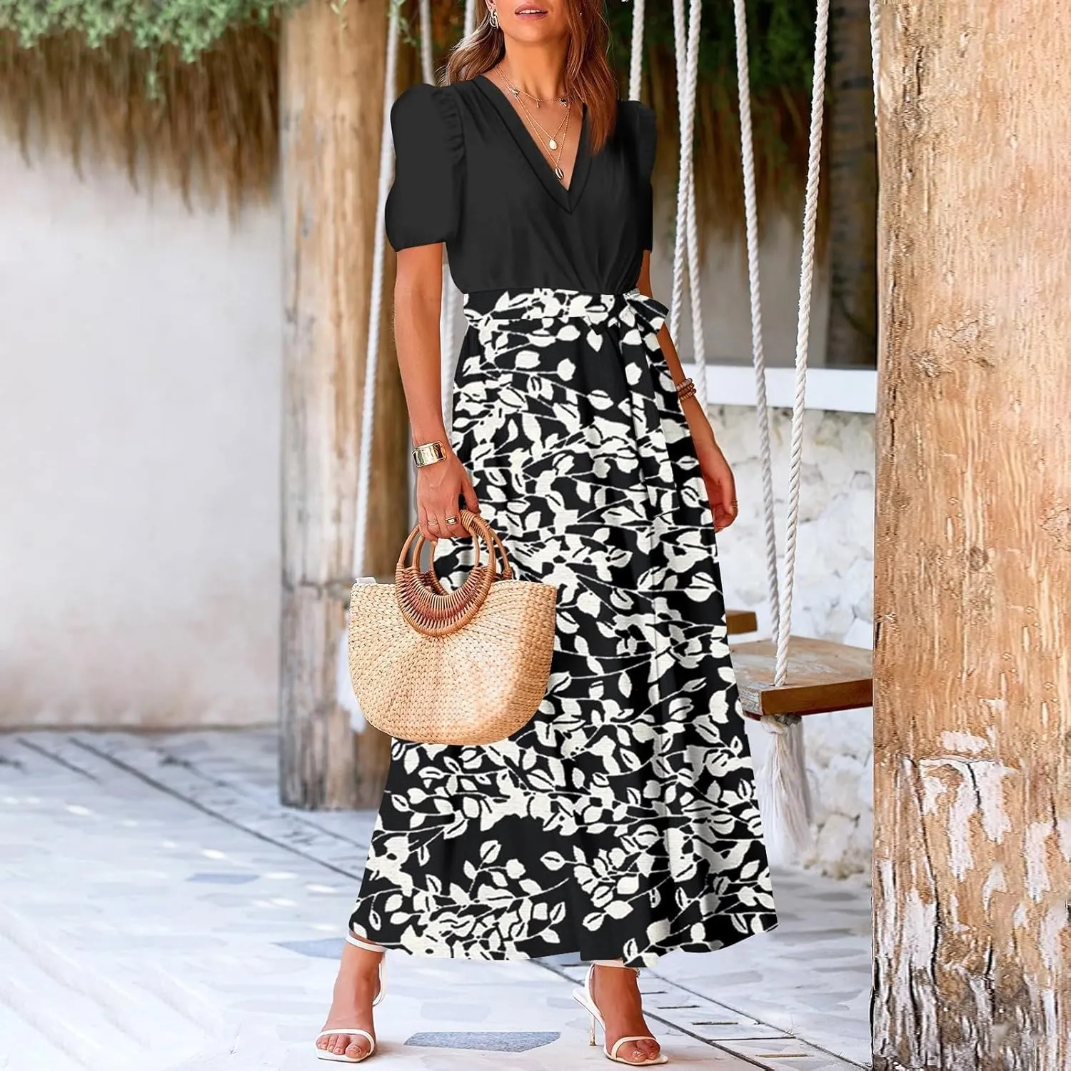 Maxi Dresses for Women 2025 Summer V Neck Short Sleeve T Shirt Dress Casual Flowy High Split A Line Beach Sundress