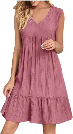 Maxi Dresses,My orderslightning The Deals of Today Promo Codes Boho Sleeveless V Neck Mini Dresses Casual Beach Vacation Ruffle A Line Swing Sundress amaon haul Sale Clearance Daily Deals Red Large