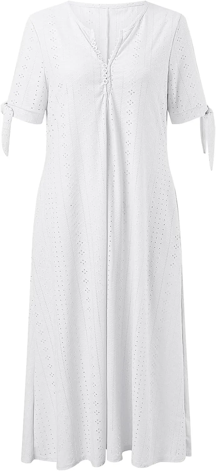 Maxi Long Dress for Women 2025 Summer Short Sleeve Eyelet Tshirt Dress Casual Boho Flowy Beach Vacation Sundress