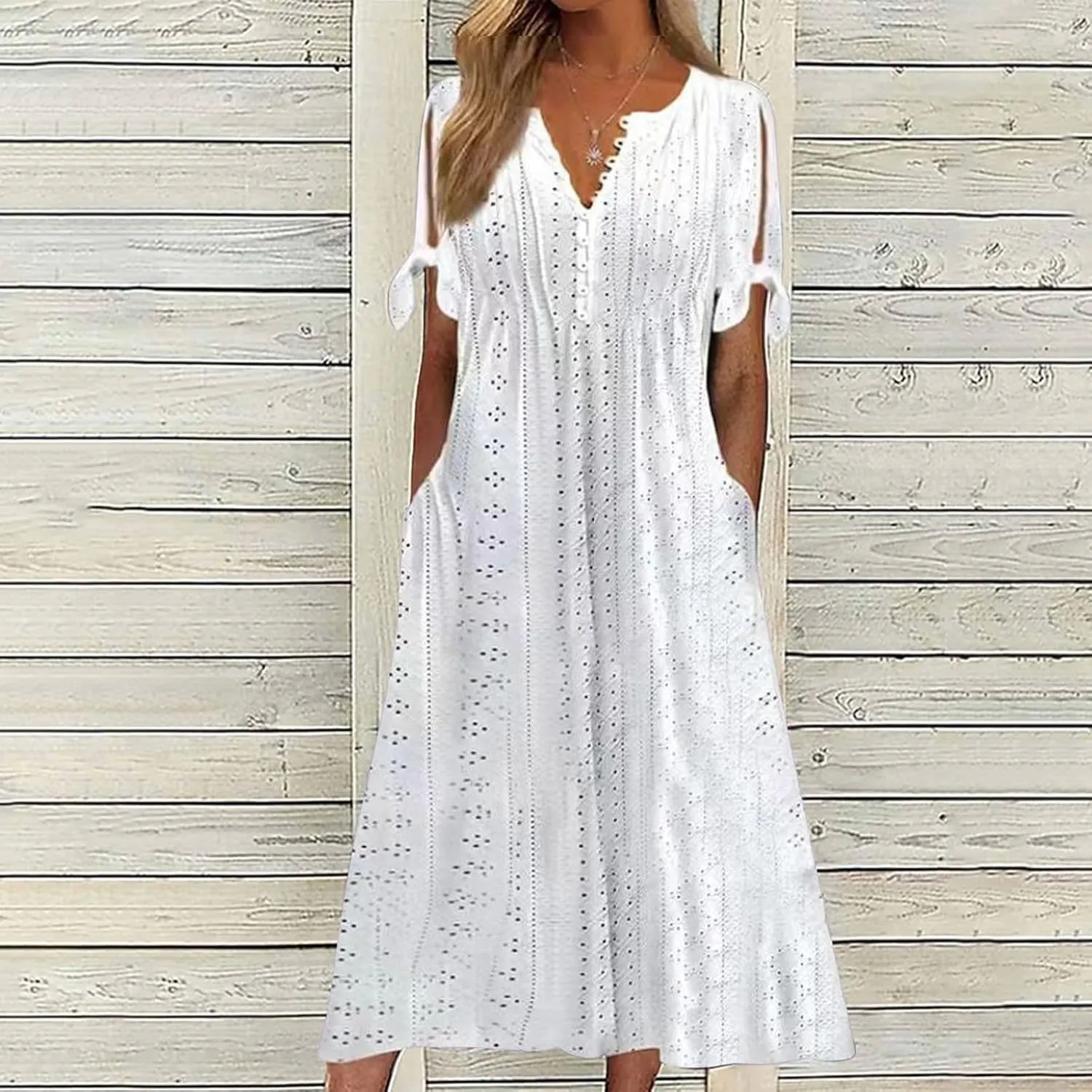 Maxi Long Dress for Women 2025 Summer Short Sleeve Eyelet Tshirt Dress Casual Boho Flowy Beach Vacation Sundress