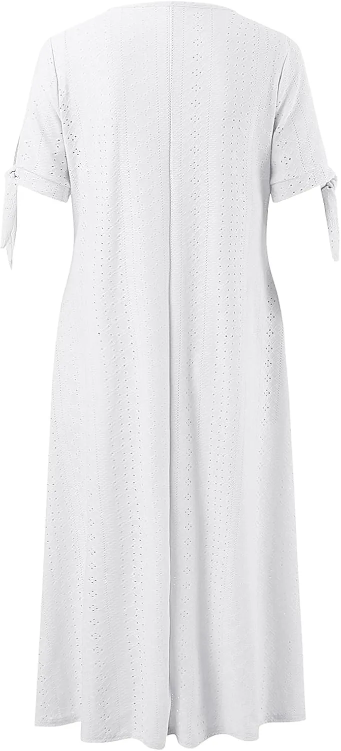 Maxi Long Dress for Women 2025 Summer Short Sleeve Eyelet Tshirt Dress Casual Boho Flowy Beach Vacation Sundress