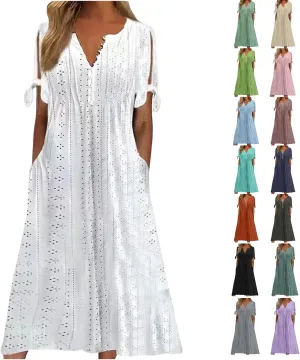 Maxi Long Dress for Women 2025 Summer Short Sleeve Eyelet Tshirt Dress Casual Boho Flowy Beach Vacation Sundress