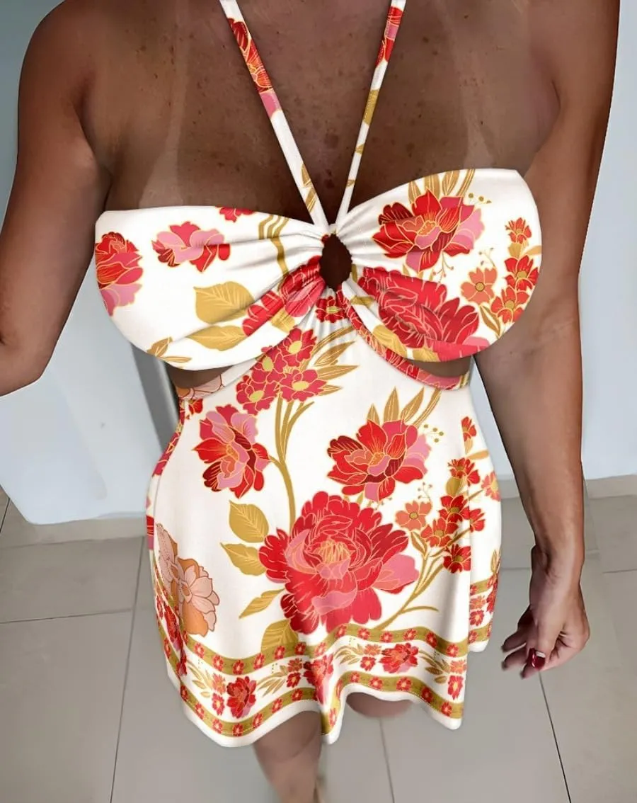 Melliflo Backless Sleeveless Mini Dress for Women Casual Tie Back Sexy Cut Out Ruffle Boho Floral Halter Dress
