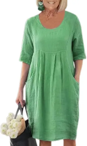 Melliflo Cotton Linen Short Dress for Women Plus Size Summer Casual Crew Neck Short Sleeve Flowy Midi Dress with Pockets