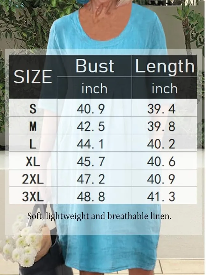 Melliflo Cotton Linen Short Dress for Women Plus Size Summer Casual Crew Neck Short Sleeve Flowy Midi Dress with Pockets