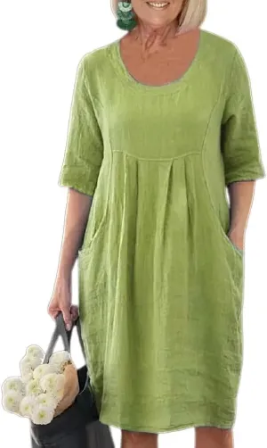 Melliflo Cotton Linen Short Dress for Women Plus Size Summer Casual Crew Neck Short Sleeve Flowy Midi Dress with Pockets