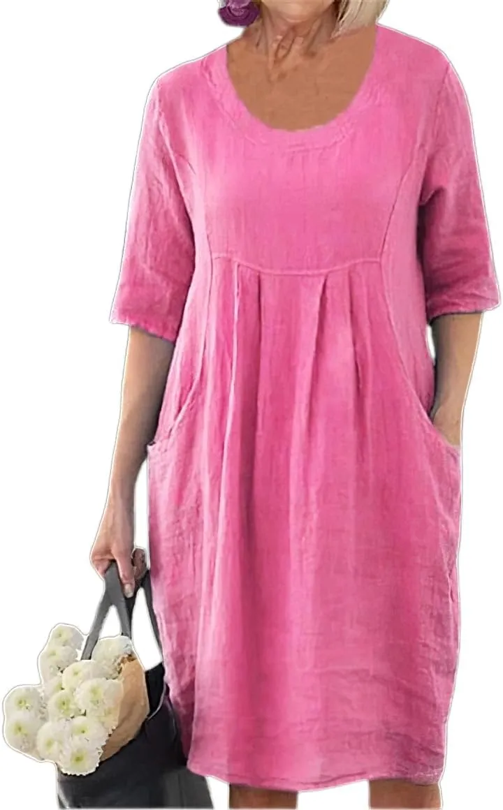 Melliflo Cotton Linen Short Dress for Women Plus Size Summer Casual Crew Neck Short Sleeve Flowy Midi Dress with Pockets