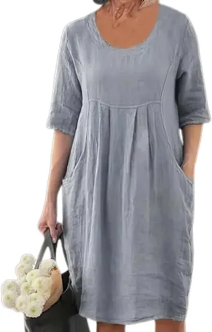 Melliflo Cotton Linen Short Dress for Women Plus Size Summer Casual Crew Neck Short Sleeve Flowy Midi Dress with Pockets