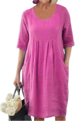 Melliflo Cotton Linen Short Dress for Women Plus Size Summer Casual Crew Neck Short Sleeve Flowy Midi Dress with Pockets