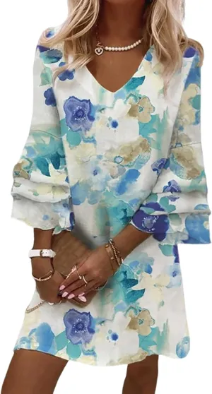 Melliflo Summer Dresses for Women Spring Boho Floral Mini Dress Loose V Neck 3/4 Bell Sleeve Flowy Beach Dress 2025
