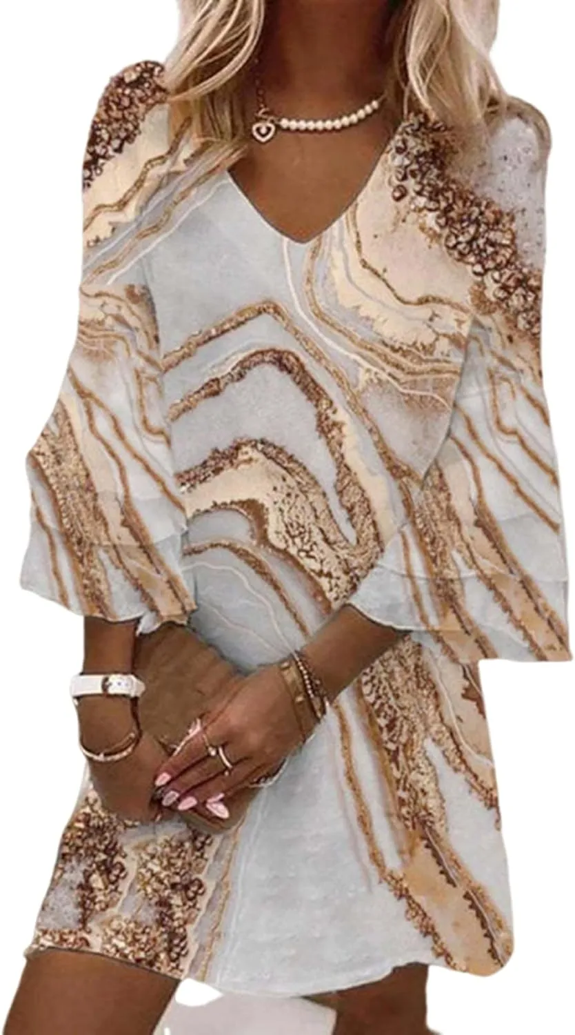 Melliflo Summer Dresses for Women Spring Boho Floral Mini Dress Loose V Neck 3/4 Bell Sleeve Flowy Beach Dress 2025