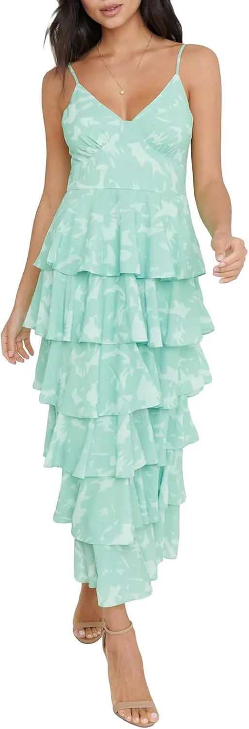 Melliflo Women's Boho Spaghetti Strap Floral Maxi Dress Layered Ruffle Deep V Neck Sundress Sleeveless Casual Summer Dresses