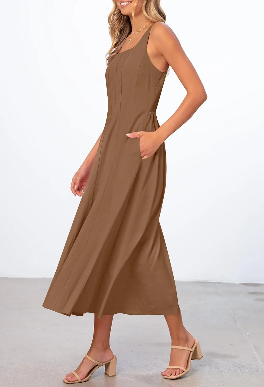 MEROKEETY Women's 2025 Summer Sleeveless Midi Dress Square Neck Smocked Flowy A Line Beach Dresses