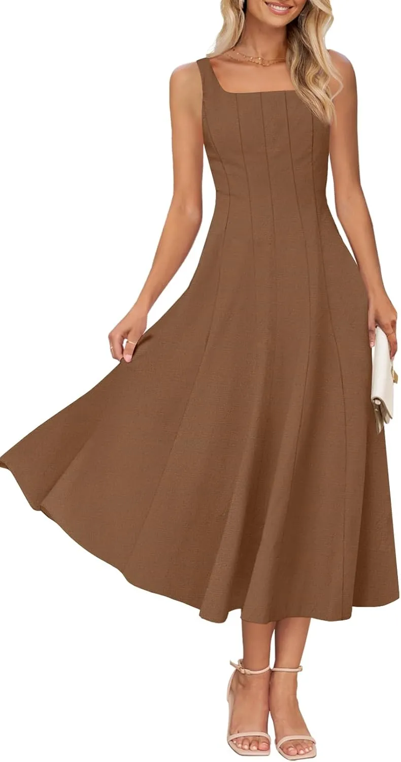 MEROKEETY Women's 2025 Summer Sleeveless Midi Dress Square Neck Smocked Flowy A Line Beach Dresses