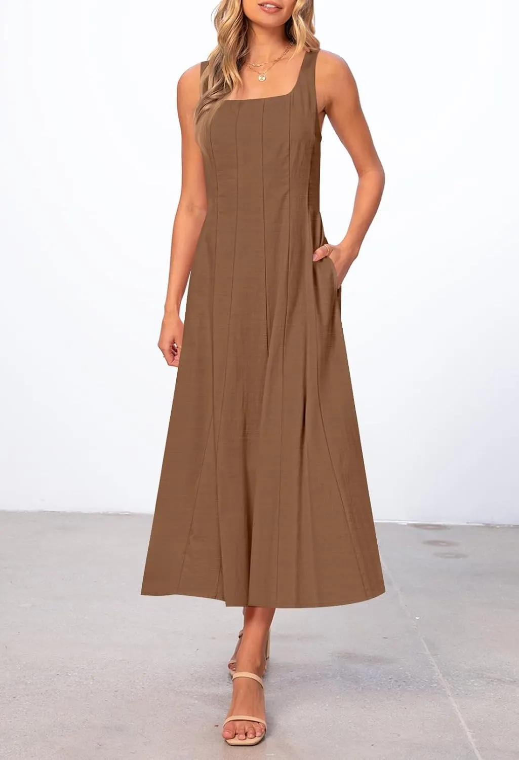 MEROKEETY Women's 2025 Summer Sleeveless Midi Dress Square Neck Smocked Flowy A Line Beach Dresses