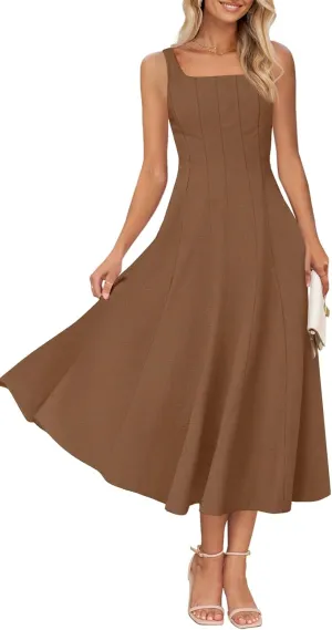 MEROKEETY Women's 2025 Summer Sleeveless Midi Dress Square Neck Smocked Flowy A Line Beach Dresses